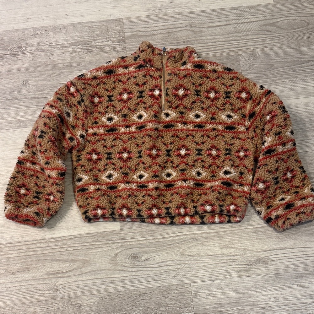 Cozy Love Tree Sherpa Patterned Fleece Half Zip Pullover Size M